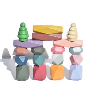 18 Pcs Wooden Stacking Rocks Building Blocks, Colored Solid Wood Stones Pre-School Educational Games Toys for Kids Toddlers