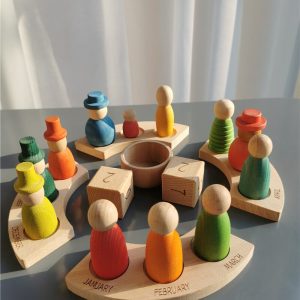 New Wooden Toys Beech Rainbow Calendar Peg Dolls Together Wizard Figurines Stacking Blocks for Kids